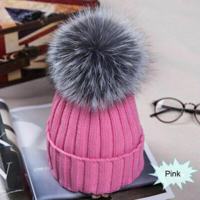 Women Ladies Winter Beanie Ski Warm Knitted Hat Cap with Faux Fur Pom Pom - Image 1 of 4