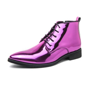 Pointed Toe Ankle Boots Men's Faux Patent Leather Lace Up Zip Party Shoes - Picture 1 of 12