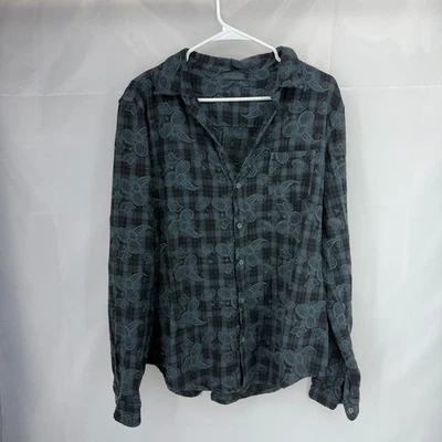 Camisa CP Shades Mujer L Abotonada Floral Bordada Azul Gris A Cuadros Manga Larga Foto 1 de 4