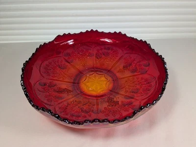 RARE RED FENTON Peacock & Grape Carnival Glass Ruffled Edge Bowl - Image 1 of 4