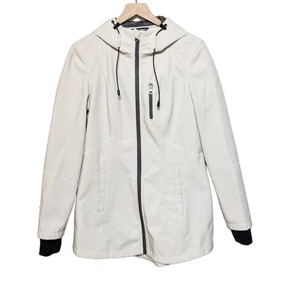 Nautica S 奶油黑色圆点全拉链连帽雨衣夹克派克大衣口袋 — 第 1/4 张图片