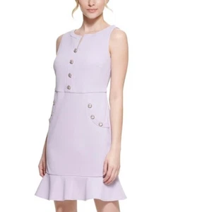 Karl Lagerfeld Paris Pearl Button Crepe Flounce Hem Sheath Dress NWT 14 - Photo 1/7
