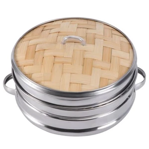Bamboo & Stainless Steel Steamer Basket - Dumpling, Vegetable, Rice & Fish St... - Picture 1 of 9