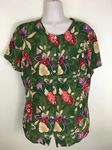 Jennifer Moore Women's Silk Short Sleeve Green Pink Purple Floral Blouse Size 10 - Picture 1 of 4