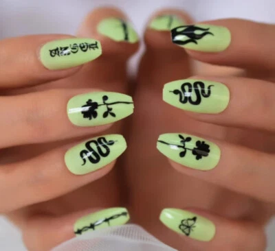 24 Medium Press on nails kit w glue Neon Green tattoo snake design goth - Image 1 of 4