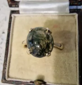 Antique Vintage Cabochon Large Moss Agate 9ct Yellow Gold ring size M 6 1/2  - Picture 1 of 7