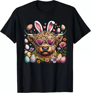 Happy Easter Day Highland Cow Retro Easter Bunny Women Kids T-Shirt Hoodie - Picture 1 of 17