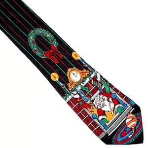 Christmas Mens Necktie Santa Fireplace Wreath Cat Stripes on Black Silk 57" x 4" - Picture 1 of 4