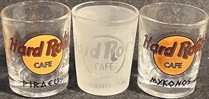 3 Vintage Hard Rock Cafe SHOT GLASS 2.25" PIRAEUS & MYKONOS + Frosted CHANG MAI - Picture 1 of 1