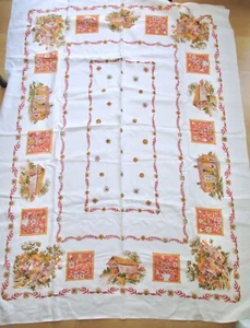 Vtg 50s 60s Gold Red Covered Bridge Grist Mill Barn Country Tablecloth 50 x 67 - Imagen 1 de 5
