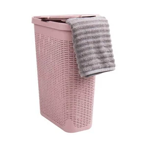 40L Slim Laundry Hamper, Clothes Basket, Lid, Wicker Design, Plastic, Pink - Picture 1 of 6