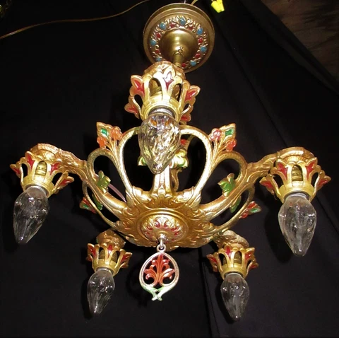 ANTIQUE ART NOUVEAU CAST METAL CHANDELIER LIGHT FIXTURE 1930's REWIRED Cover