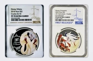 CRUELLA Disney 2 Coins 2022/2018 1 Oz Colorized Silver $2 NGC PF70 Ultra Cameo - Picture 1 of 6