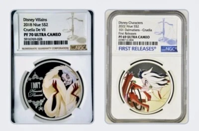 CRUELLA Disney 2 Coins 2022/2018 1 Oz Colorized Silver $2 NGC PF70 Ultra Cameo - Image 1 of 4