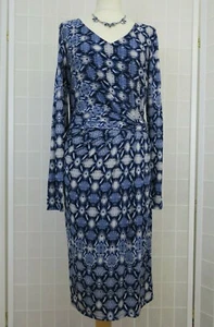 Fenn Wright Manson Dress Size 12 Blue Patterned Silky Jersey Ruched Bodycon Midi - Picture 1 of 11
