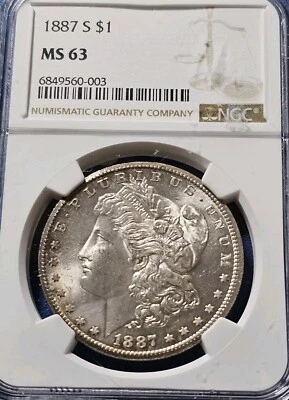 Серебряный Моргановский доллар 1887 S $1 NGC MS63 BU -- полуключевой! - Изображение 1 из 2
