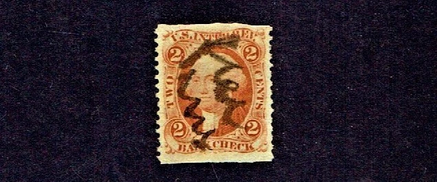 1862-71 U.S.First Issue Revenue 2c Orange Bank Check PART-PERF Sc#R6b Pen Cancel - Image 1 of 1