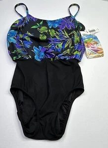 SlimAllure One Piece Swimsuit Women’s 12 Black Purple Blue Built In Bra NWT - Picture 1 of 15