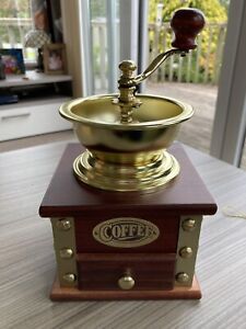 Original traditional wood coffee mill grinder designed by David Birch. Unused.