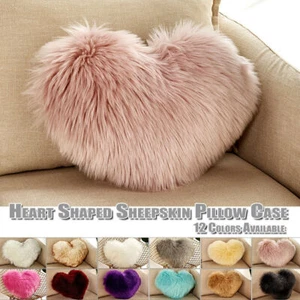 Fluffy Love Heart Shape Pillow Case Soft Sheepskin Sofa Cushion Cover Home Decor - Picture 1 of 14
