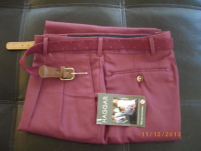 Pantalones Hombre HAGGAR Borgoña 36 x 30 W Cinturón A Juego Nuevo Con Etiquetas Foto 1 de 2