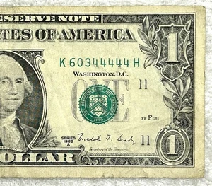 1988 A Five In A Row Fancy Serial $1 Bill Federal Reserve Note - 60344444 - Bild 1 von 3