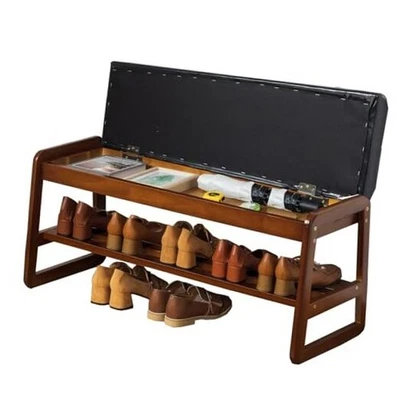  Banco de madera maciza, banco de zapatos de entrada con cojín, almacenamiento abatible  Foto 1 de 4