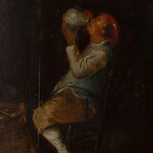 secondo David Teniers olio su legno bevitore pipa genere barocco Olanda 18. secolo - Foto 1 di 5