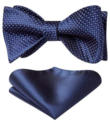 Bow Ties for Men Check Plaid Self Tie Bow Tie and Pocket E-06 Navy Blue 2 - Image 1 of 4
