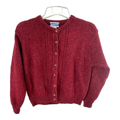 Vtg Pendleton Wool Cardigan Sweater Petite M Red Tweed Cable Knit Academia - Image 1 of 4