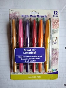 New Pentel Arts 12 Sign Pen Brush Marker Pens Fexible Nib Calligraphy Free🎁 W/P - Picture 1 of 19