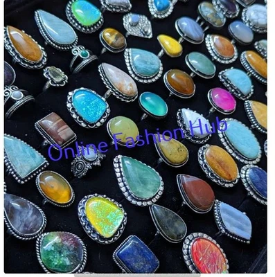 Lote a granel de anillos de prehnita y mezcla de piedras preciosas anillo enchapado en plata de ley 925 Foto 1 de 4