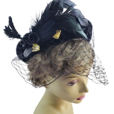 Prendedor sombrero pluma velo fascinador gorra terciopelo negro vintage Foto 1 de 4