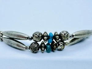 Vintage Navajo Silver Turquoise Handmade Bench Bead Liquid Silver Bracelet - Picture 1 of 4