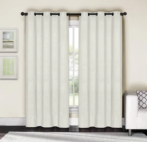 Antique White and Silver Metallic Grommet Window Curtain Panel Pair Cotton Blend - Picture 1 of 2