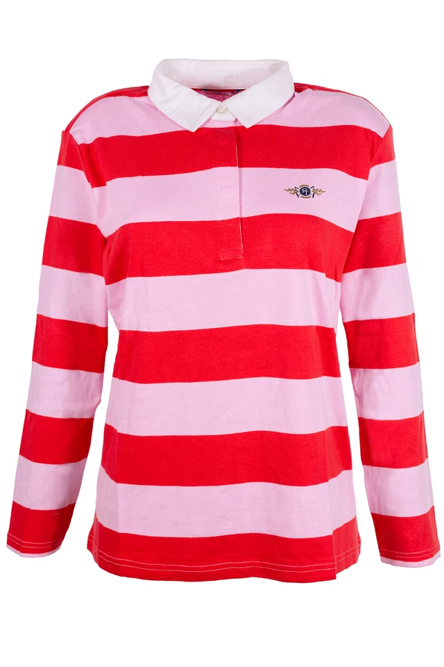 TOM TAILOR Polo Shirt Rugby Polo Ladies Long Sleeve Cotton Red Pink Striped - Image 1 of 1
