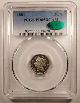 CAC POP Of 1, Only CAC  1881 Proof 3 Cent Nickel PCGS PR65 DCAM Deep Cameo  - Image 1 of 4