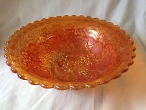 IMPERIAL Carnival Glass Grapes Pattern 10-1/4d x 3-1/4h Marigold Ruffled Bowl - Picture 1 of 4