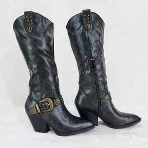 Stormy Brushed Metallic Black Country Western Cowgirl Knee Boots - Picture 1 of 9