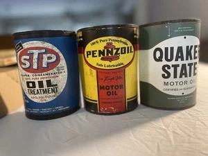 Vintage Half Oil Can Wall Hanger Display + STP Pennzoil Quaker State Cans 6”x4” - Picture 1 of 6