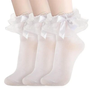 3 Pairs Lace Ruffle Frilly Socks for WomenLace Ankle Socks with BowRuffle Soc... - Picture 1 of 7