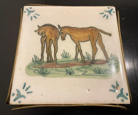 Antique Tile Trivet Lisboa Portugal Fabrica Santana Hand Painted Horses Cover