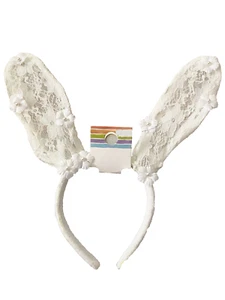 Kid's Girls Easter White Lace Bunny Ears Faux Pearl Headband Accessory NEW - Picture 1 of 6