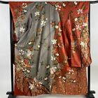 Japanese Kimono Furisode Pure Silk Lined Butterfly Foil Thread Gold Gray Orange