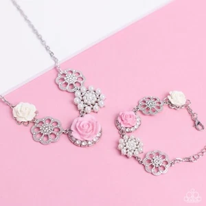 NEU PAPARAZZI "TEA PARTY FAVORIS" ROSA BLUME HALSKETTE & ARMBAND SET LOP - Bild 1 von 5