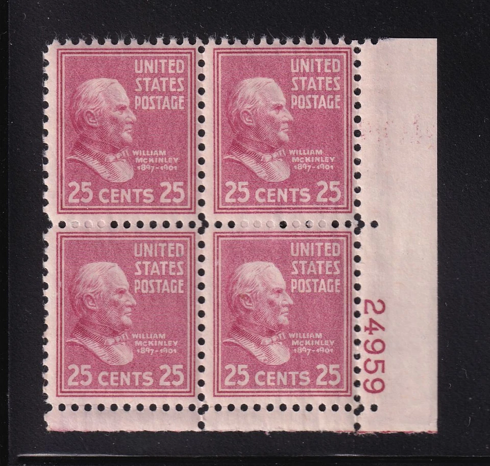1938 PREXY William McKinley 25c Sc 829 MNH plate block OF 4 (DD - Image 1 of 1