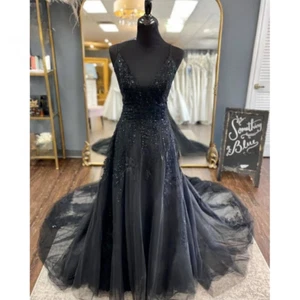 Gothic Black V Neck Wedding Dresses with Court Train Lace Appliques Bridal Gowns - Picture 1 of 9