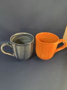 2 Citrus Grove Handpainted Brushstroke Coffee Tea Mugs 12 oz Blue & Orange - Picture 1 of 8