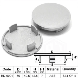Wheel centre caps center universal alloy rim plastic 4x hub cap 49.5-60 no badge - Picture 1 of 3