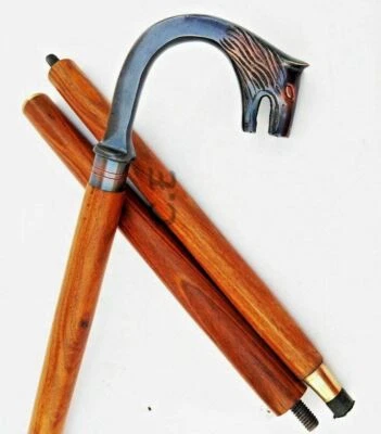 BRASS Men's Wooden Walking Stick Brass Wolf FOX Head Cane Gift - Image 1 of 4